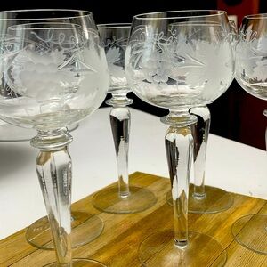 Vintage Glass Stem Etched Grapes- Wine or Brandy Glasses 8 1/2